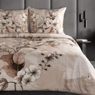 Pościel 160x200 cm komplet 3 częściowy  z makosatyny bawełnianej kolor ciemnobeżowy, jasnobrązowy z designerskim roślinnym nadrukiem  ESTERA Eva Minge Eurofirany