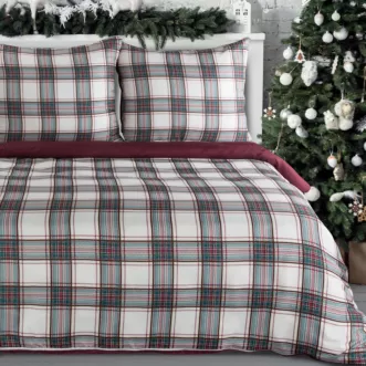 Pościel świąteczna 220x200 cm kolor biały, bordowy z nadrukiem kraty AARON Eurofirany