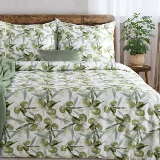 Pościel 140x200 cm komplet 2 częściowy satyna bawełniana kolor biało, zielony zdobiony motywem oliwek SPRING 84 Eurofirany