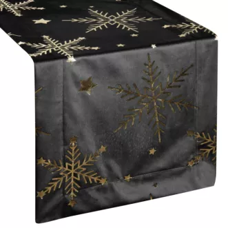 Bieżnik świąteczny 40x140 cm czarno, szampański welwetowy zdobiony błyszczącym nadrukiem Eurofirany