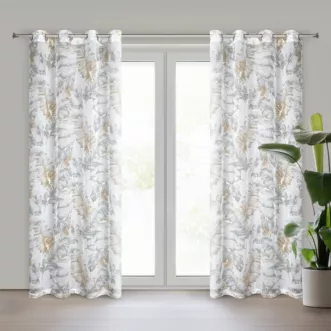 Zasłona biało, srebrna z etaminy zdobiona nadrukiem liści z szampańskim błyszczącym wykończeniem  140x250 cm przelotka - LAYLA Eurofirany