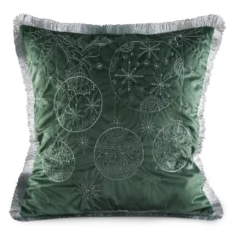 Poszewka na poduszkę 45x45 cm z haftowanym świątecznym motywem z frędzlami na brzegach ciemnozielono, srebrna Eurofirany