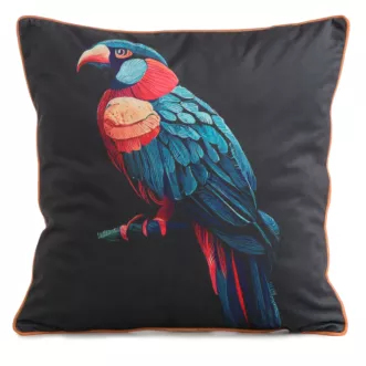 Poszewka na poduszkę 45x45 cm welwetowa, dwustronna z motywem papugi z wypustką na brzegach czarno, niebieska VELEVT 136 EUROFIRANY PREMIUM