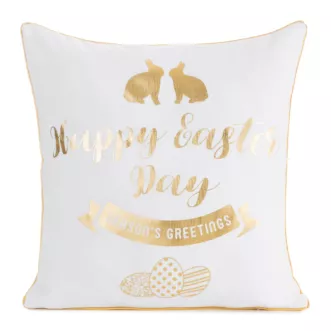 Poszewka na poduszkę 45x45 cm wielkanocna z ozdobną lamówką biało, złota WIOSNA 65 Eurofirany