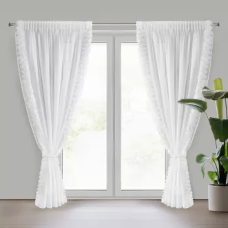 Firana biała z szyfonu zdobiona na brzegach pasem 3D róż z troczkiem w zestawie 140x270 cm taśma - ROSES Eva Minge Eurofirany