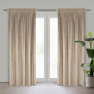 Zasłona kremowo, srebrna welwetowa z przecieranym błyszczącym nadrukiem 140x270 cm taśma - AVENA Eurofirany