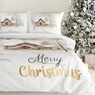 Pościel świąteczna 220x200 cm z satyny bawełnianej, kolor biały jasnobrązowy z nadrukiem świątecznym JOYFULL Eurofirany