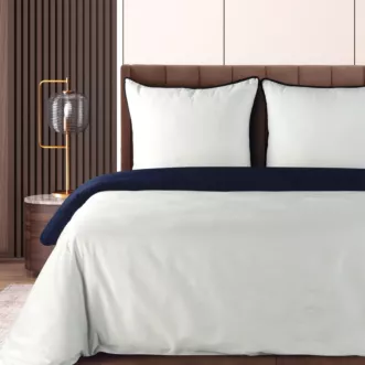 Pościel 220x200 cm z makosatyny bawełnianej kolor biały, ciemnogranatowy dwustronna z sznurem dekoracyjnym na brzegach Eurofirany Premium