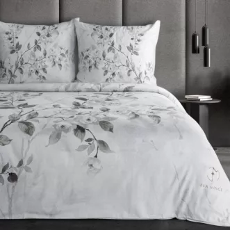 Pościel 220x200 cm komplet 3 częściowy  z makosatyny bawełnianej kolor  jasnoszary, jasnoróżowy z designerskim roślinnym nadrukiem  ELIZA Eva Minge Eurofirany