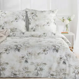 Pościel 140x200 cm komplet 2 częściowy satyna bawełniana kolor jasnobeżowy, jasnoszary z wzorem roślinnym SPRING 73 Eurofirany