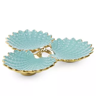 Patera ceramiczna dekoracyjna jasnoniebiesko-złota trójdzielna, w formie połączonych liści 37x35x6 cm HIRAL Eurofirany