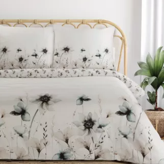 Pościel 220x200 cm komplet 3 częściowy satyna bawełniana kolor biały, szarobeżowy z wzorem kwiatów Eurofirany Premium