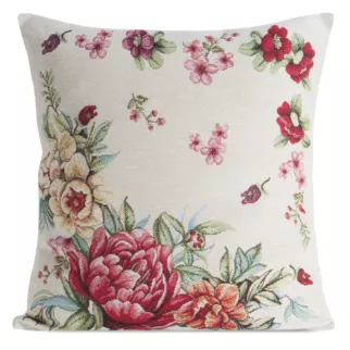 Poszewka na poduszkę 45x45 cm bawełniana, gobelinowa z motywem kwiatów piwonii naturalno, czerwona GRIA Eurofirany