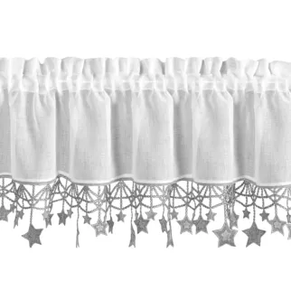 Zazdrostka świąteczna biało, srebrna z etaminy zdobiona luźno zwisającymi gwiazdkami 150x30 cm tunel - XMAS Eurofirany