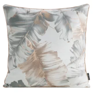 Poszewka na poduszkę 45x45 cm biało, srebrna z welwetu zdobiona nadrukiem liści i błyszczących dodatków LAYLA
