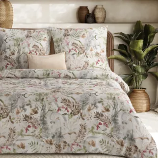 Pościel 140x200 cm z satyny bawełnianej kolor biały, brązowy z nadrukiem roślinnym SPRING 47 Eurofirany