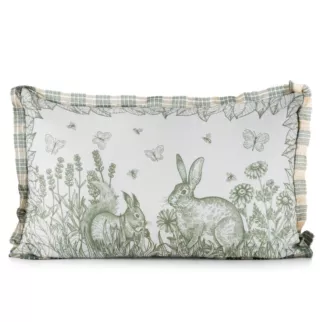 Poszewka na poduszkę 30x50 cm o strukturze lnu zdobiona nadrukiem zajączka kremowo, zielona WIOSNA 60 Eurofirany