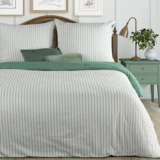 Pościel 140x200 cm komplet 2 częściowy z satyny bawełnianej kolor biało, miętowy w paseczki RAYA Eurofirany