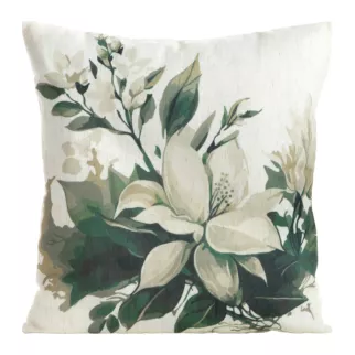 Poszewka na poduszkę 45x45 cm o strukturze lnu z nadrukiem subtelnych kwiatów beżowo, zielona LEN Eurofirany