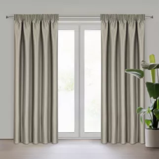 Zasłona ciemnobeżowa przeplatana błyszczącą nicią zaciemniająca 140x270 taśma SELINA Eurofirany
