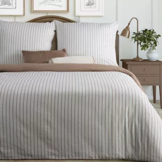 Pościel 140x200 cm komplet 2 częściowy z satyny bawełnianej kolor biało, beżowy w paseczki RAYA Eurofirany