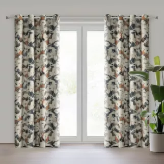 Zasłona beżowo granatowa, z motywem roślinnym 140x250 cm przelotki - AMBRA Eurofirany