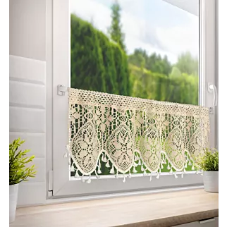 Zazdrostka jasnobeżowa ażurowa  w stylu boho zdobiona subtelnymi frędzelkami 150x30 cm tunel MOLY  Eurofirany