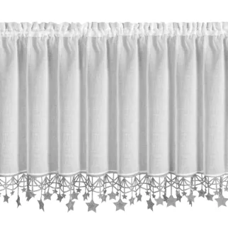Zazdrostka świąteczna biało, srebrna z etaminy zdobiona luźno zwisającymi gwiazdkami 150x60 cm tunel - XMAS Eurofirany