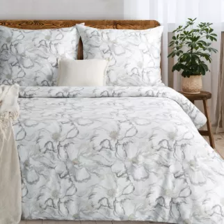Pościel 140x200 cm komplet 2 częściowy z satyny bawełnianej kolor kremowy, jasnoszary  zdobiona nadrukiem kwiatów - LISA Eurofirany