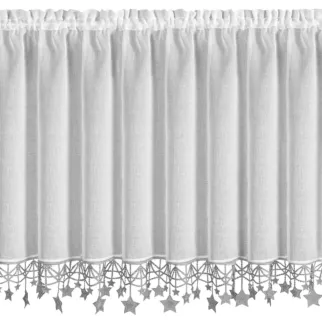 Zazdrostka świąteczna biało, srebrna z etaminy zdobiona luźno zwisającymi gwiazdkami 150x90 cm tunel - XMAS Eurofirany
