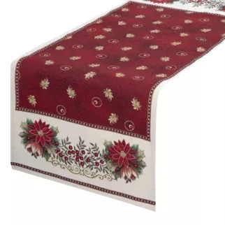 Bieżnik na stół czerwono, beżowy 40x100 cm gobelinowy z mieszanki włókien zdobiony wzorem świątecznym