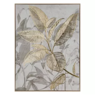 Obraz beżowo, złoty nadruk na płótnie z motywem liści 60x80 cm Eurofirany