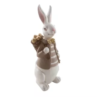 Wielkanocna figurka dekoracyjna zajączek w sweterku biało, beżowej kolorystyce Eurofirany