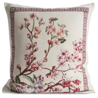 Poszewka na poduszkę 45x45 cm bawełniana, gobelinowa inspirowana japońskim motywem kwiatu wiśni różowo, naturalna THAI Eurofirany