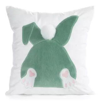 Wielkanocna poszewka na poduszkę 45x45 cm welwetowa z uroczym zajączkiem biało, szałwiowa WIOSNA 129  Eurofirany