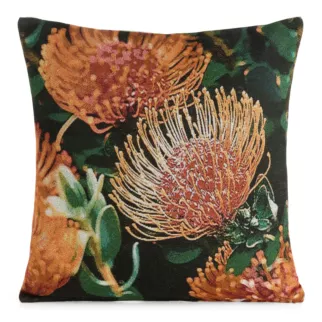 Poszewka na poduszkę 45x45 cm bawełniana, żakardowa z motywem egzotycznej rośliny czarno, ciemnopomarańczowa GOBELIN Eurofirany