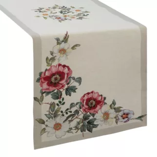 Bieżnik na stół naturalno, czerwony 45x140 cm gobelinowy z motywem kwiatowym