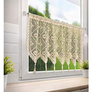 Zazdrostka jasnobeżowa  ażurowa w stylu boho z ozdobnymi chwostami 150x60 cm tunel MARTHA Eurofirany