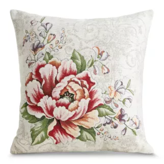 Poszewka na poduszkę 45x45 cm z grubszej tkaniny gobelinowej z nicią szenilową z motywem kwiatów czerwono, naturalna Eurofirany