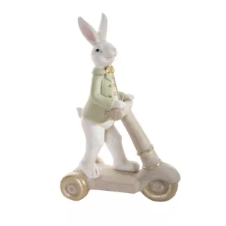 Wielkanocna figurka dekoracyjna uroczego zajączka na hulajnodze w miętowo, beżowej kolorystyce Eurofirany
