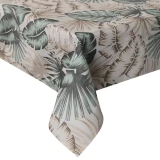 Obrus kremowo, zielony 140x220 cm wodoodporny GARDEN na taras oraz balkon z motywem egzotycznych liści