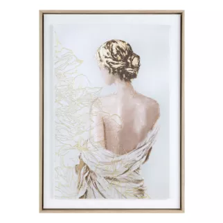 Obraz kremowo, złoty dekoracyjny z artystycznym motywem postaci oprawiony w ramę 50x70 cm Eurofirany