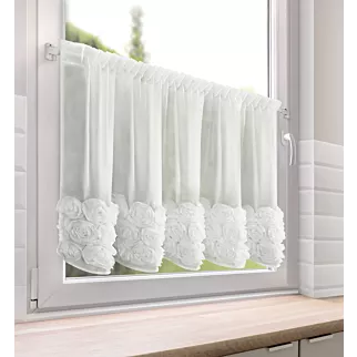 Zazdrostka biała z szyfonu zdobiona pasem 3D róż 70x150 cm taśma marszcząca - ROSES- EVA MINGE Eurofirany