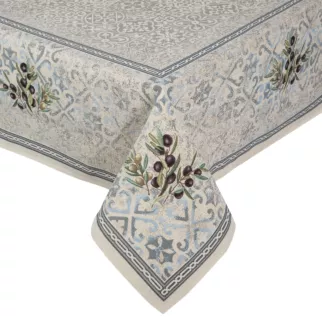 Obrus naturalno, niebieski 140x180 cm gobelinowy z nadrukiem gałązki oliwnej