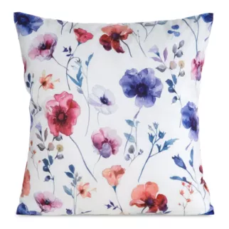 Poszewka na poduszkę 45x45 cm welwetowa zdobiona nadrukiem letnich kwiatów biało, fioletowa MINK Eurofirany