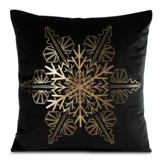 Poszewka na poduszkę 45x45 cm welwetowa zdobiona śnieżynkami czarno, złota JOY Eurofirany