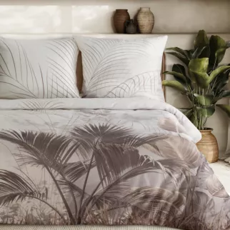 Pościel 220x200 cm komplet 3 częściowy satyna bawełniana kolor kremowy, ciemnobeżowy z motywem botanicznym Eurofirany Premium