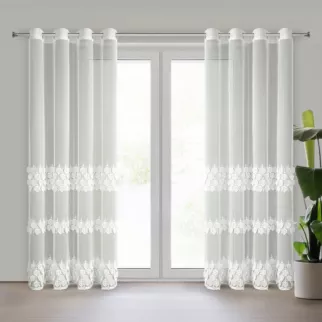Firana kremowa z drobnej siateczki zdobiona ażurowym haftem 140x250 cm przelotka - NIRA Eurofirany