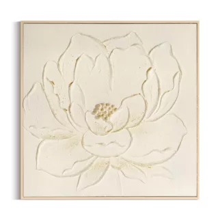 Obraz kremowo, zloty ręcznie malowany na płótnie z motywem kwiatów oprawiony w ramę 62x62 cm Eurofirany