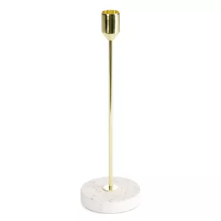 Świecznik dekoracyjny złoto, kremowy o smukłym uchwycie i kamiennej podstawie średnica 8x26 cm KORI Eurofirany